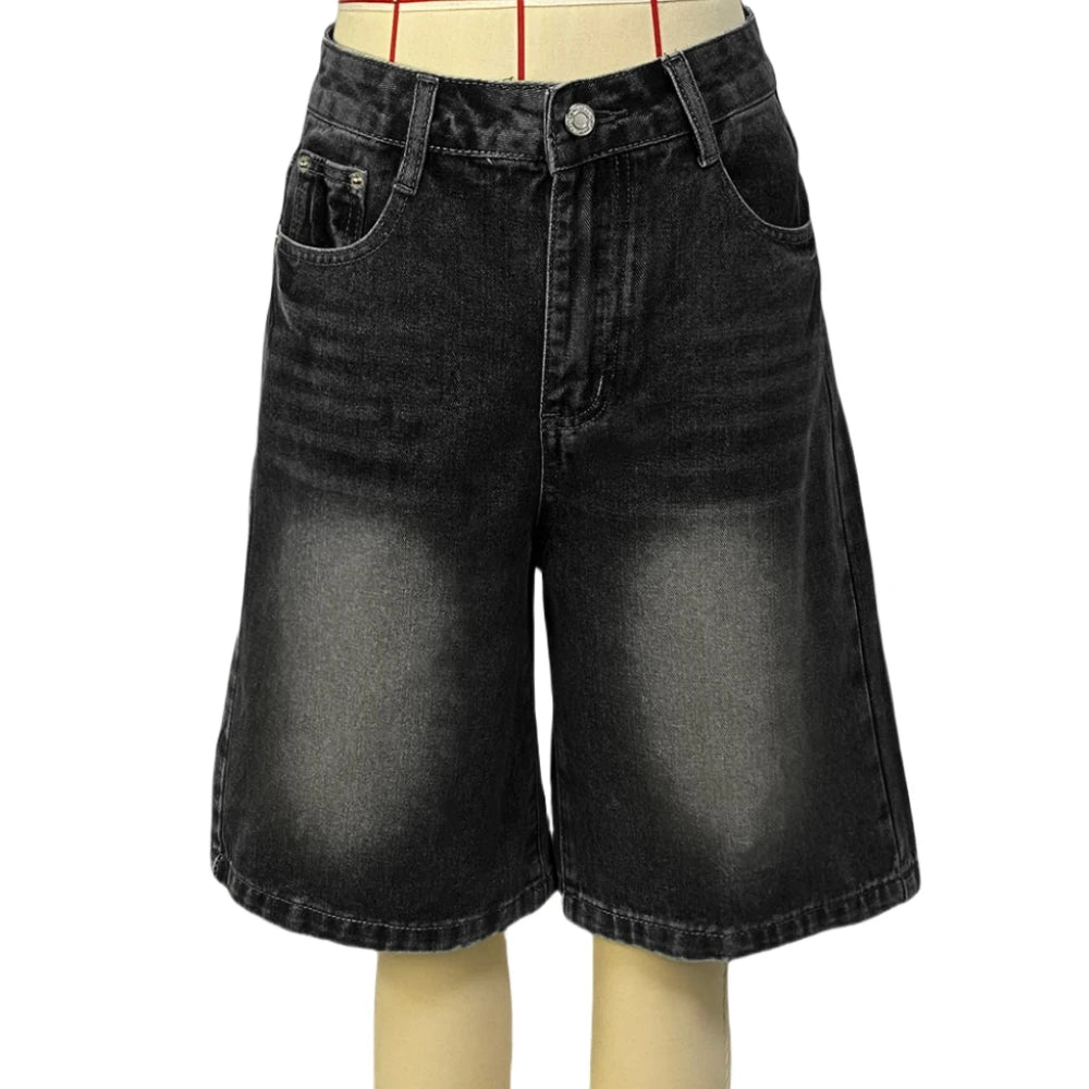 HLJ&GG Blue Retro Fashion jeans Two Piece Sets Women One Shoulder Short Sleeve Crop Top+Jeans Shorts Outfits Fashion Streetwear