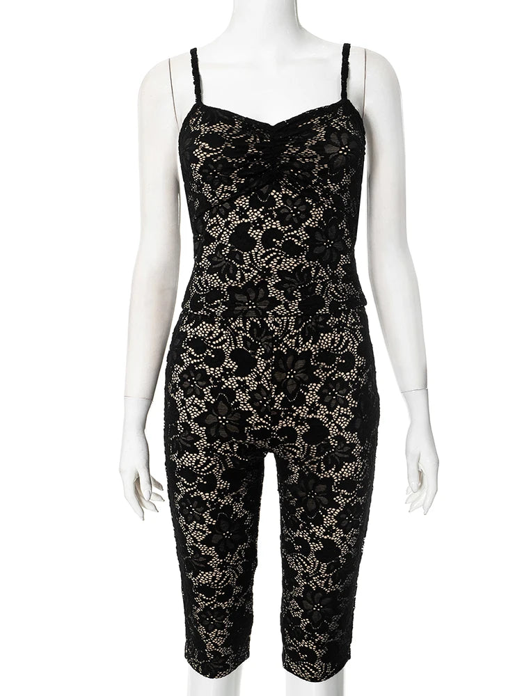 Weird Puss Mesh Patchwork 2 Piece Set Women Sexy Jacquard Backless Camisole+Stretch Skinny Peach Hip Pants Club Party Outfits