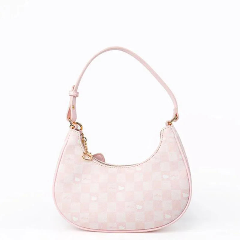 Ladies Pu Leather Armpit Bag Pink Checkerboard Cute Crescent Shoulder Bag Handbag Tote Bag