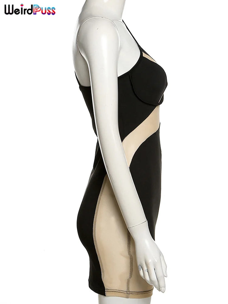 Weird Puss 2022 Mesh Patchwork Sexy Dress Women Sleeveless One Shoulder Skinny Summer Vacation Birthday Party Clubwear Bodycon