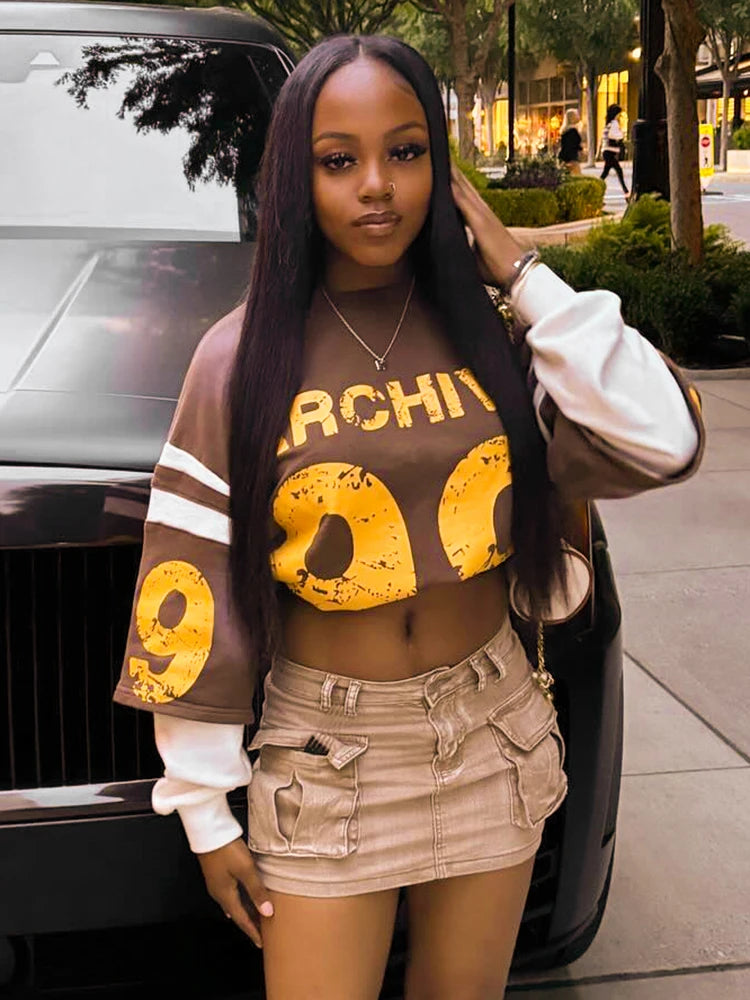 Weird Puss Fake Two Piece Pullover Women Trend Contrast Number Print Patchwork Long Sleeve Autumn Casual Simple Streetwear Tops