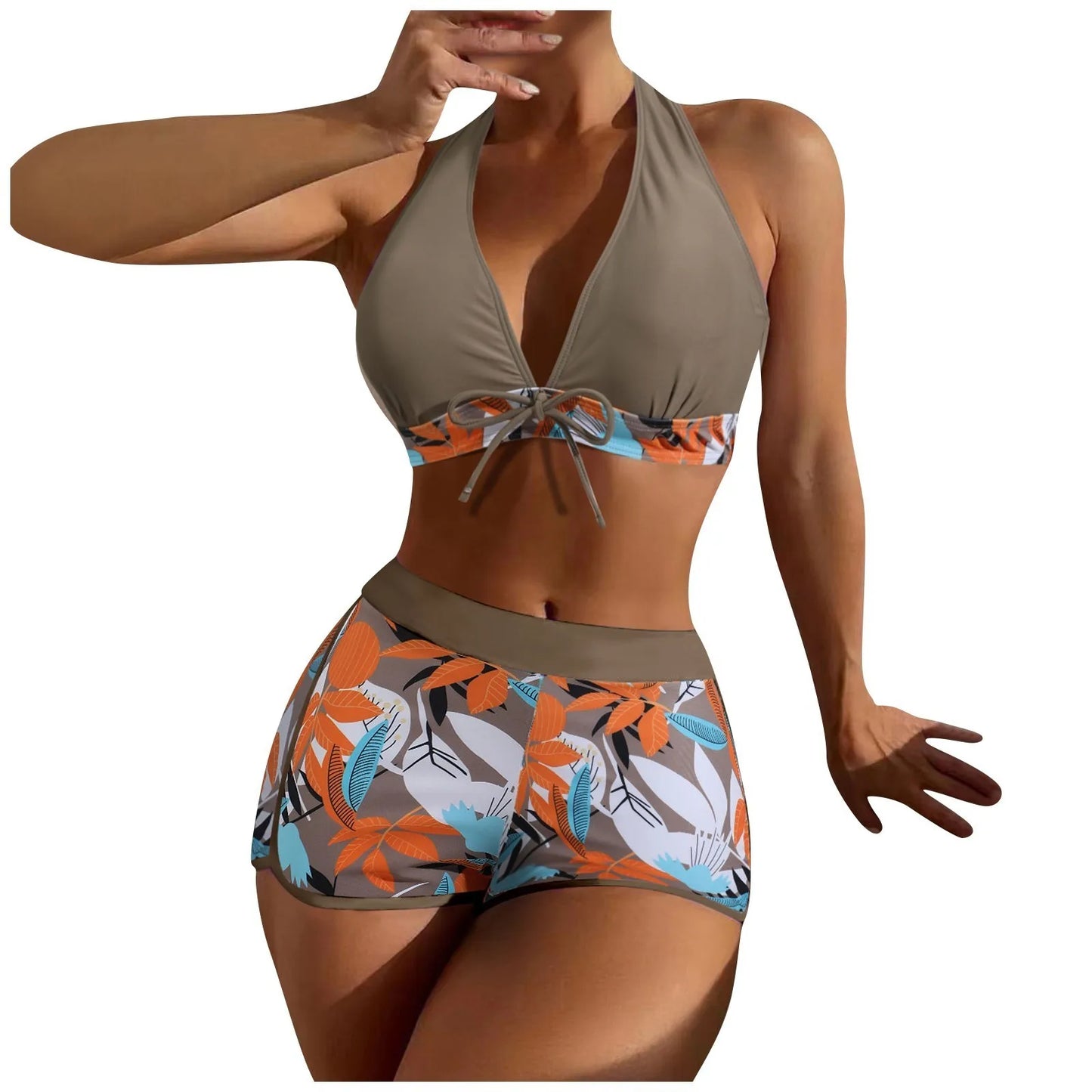 Shorts Bikinis Set  High Waist Swimsuit Women Swimwear  Plant Print Bathers Bathing Swim Suit Beachwear