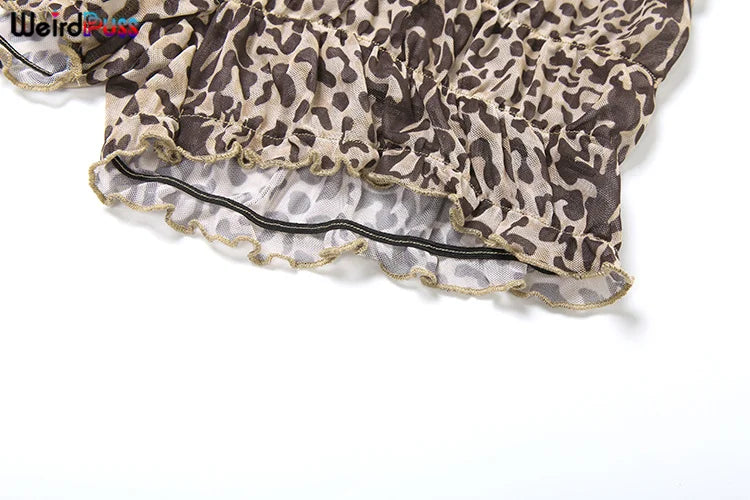 Weird Puss Leopard Print Women 2 Piece Set Sexy See Through Summer Ruffles Camisole+Shorts Vacation Matching Clubwear Outfits