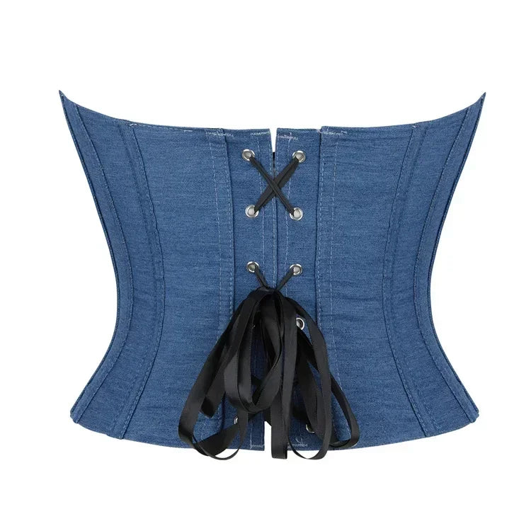Fashion Denim Corset Crop Tops Female Underwear Backless Body Shaper Short Torso Bustier Vest Blue