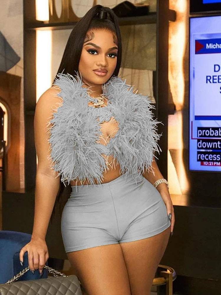 Weird Puss Sexy Hipster 2 Piece Set Women Y2K Summer Luxury Furs Tank Tops+Tight Stretch Shorts Midnight Clubwear Party Suits