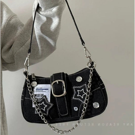 Fashion Vintage Y2k Ladies Shoulder Bags Sweet Cool Star Chain, Underarm Bag Black Goth jeans Tote Handbag Purse