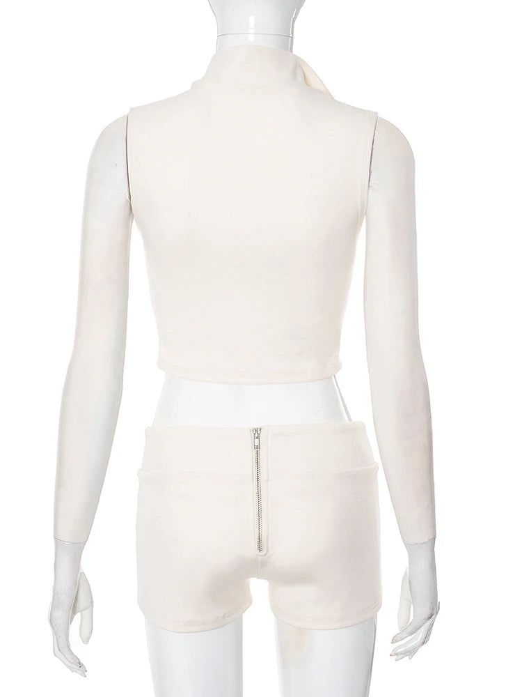 Weird Puss Lines Patchwork 2 Piece Set Women Zipper Cardigan Irregular Crop Top+Skinny Peach Hip Shorts Simple Sporty Streetweas