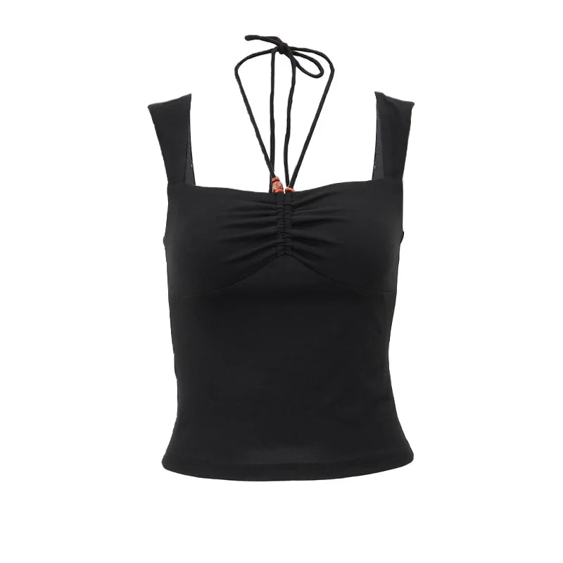 WhereMery Summer Women Black Slim Halter Tank Top Y2K Sexy Square-neck Pleated Backless Crop Tops Casual Sleeveless Bodycon Vest