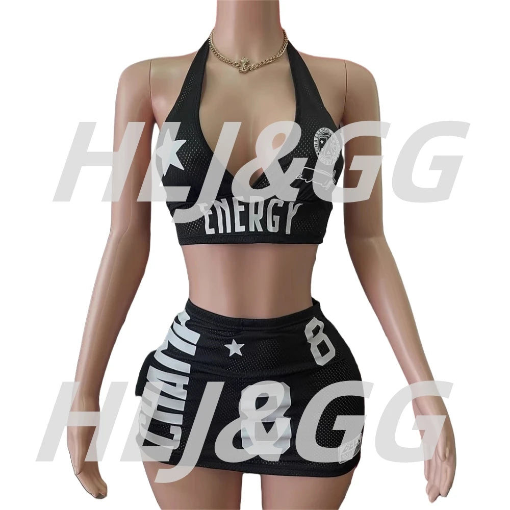 HLJ&GG Y2K Fashion Letter Print Mesh Hollow Two Peice Sets Women Deep V Halter Sleeveless Backless Crop Top+Mini Skirts Outfits