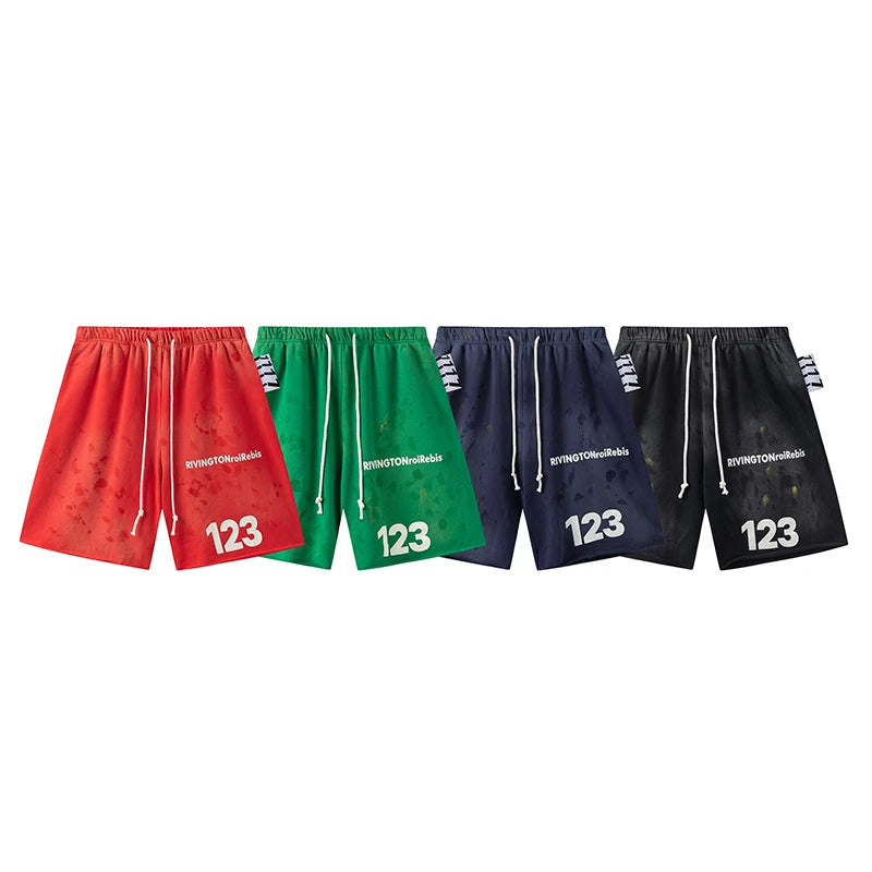 RRR123 2024 New Sports Shorts Heavyweight Washed Graffiti Print Vintage Drawstring Capris Casual High Street Loose Curled Y2K