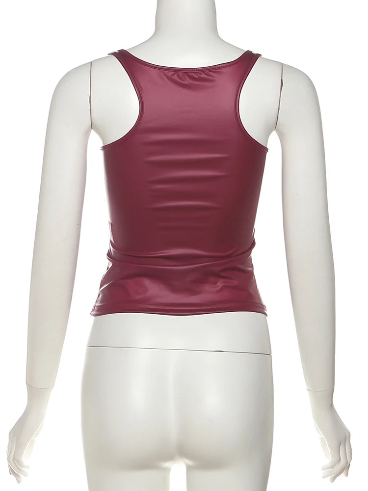 Weird Puss Faux Leather Camisole Tops Women Y2K Coquette Square Collar Skinny Midnight Street Club Trend Hottie Wild Basic Vest