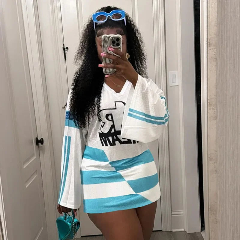 HLJ&GG Y2K Letter Print Mesh Two Piece Sets For Women V Neck Long Sleeve Top + Puffy Mini Skirts Outfits Fashion 2pcs Streetwear