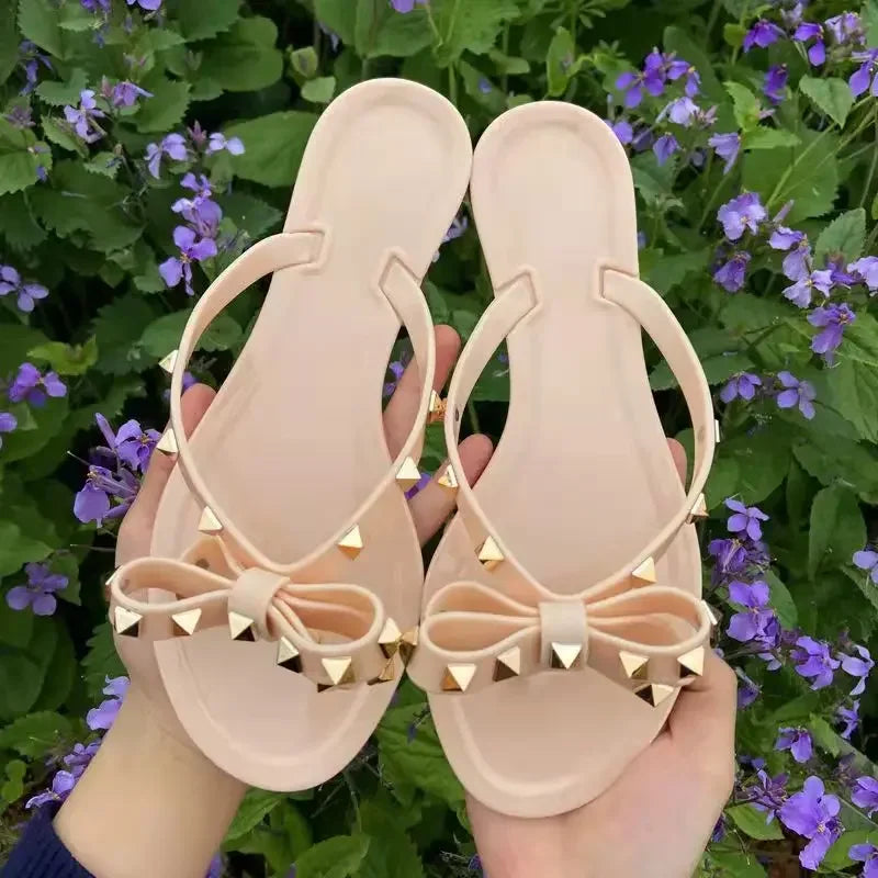 Size 36-42 2026 Hot Sale Fashion Women's Flip Flops Summer Shoes Cool Beach Rivet Big Bow Flat Sandals Jelly Shoes Sandals Girls