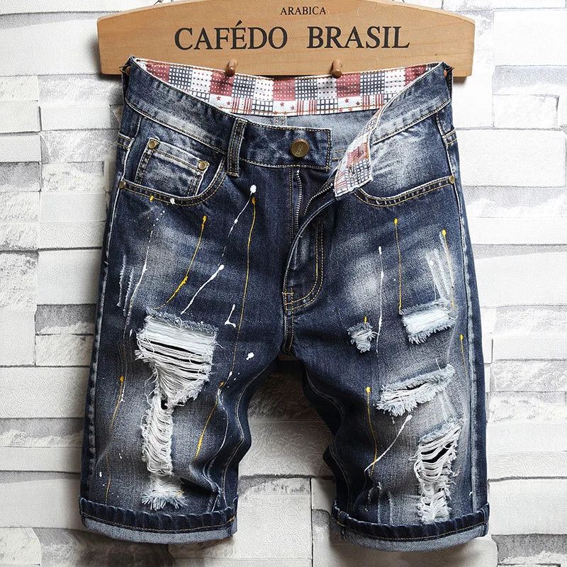 Brand Clothing New Summer Ripped Hole Denim Shorts Men Cotton Thin Straight Retro Biker Knee Length Short, Male Streetwear
