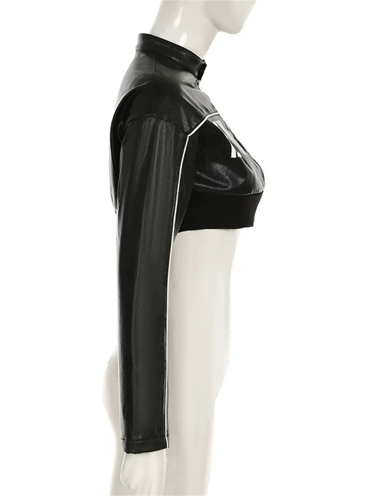 Weird Puss PU Patchwork Women Jacket Letter Print Hipster Button Zip Full Sleeve Trend Cool Street  Spring Outwear Crop Coat