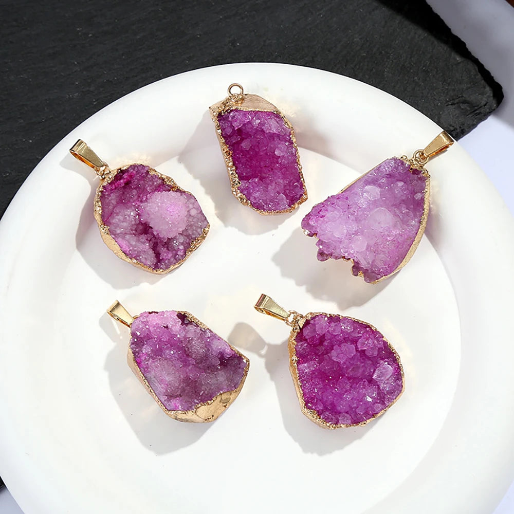 Natural Crystal Agate Geode Pendant Gemstone Dyeing Colorful Cluster Golden Edge Irregular Stones Charms DIY Jewelry Making Gift