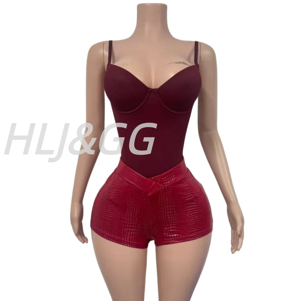 HLJ&GG Sexy Bodycon Spaghetti Strap Bodysuits Two Piece Sets Women V Neck Sleeveless Backless Top + Leather Snake Shorts Outfits