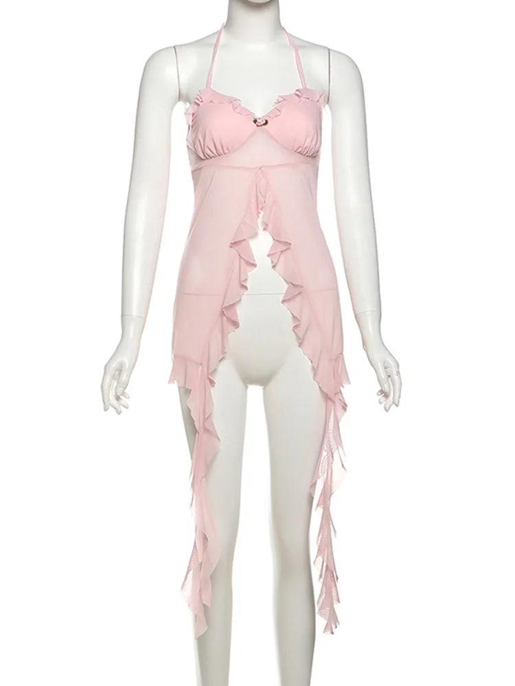 Weird Puss Patchwork Mesh Y2K Sexy Camisole Women Halter Bandage Low-Neck Tassel Ruffles 3d Flowers Midnight Club Sexy Tank Tops