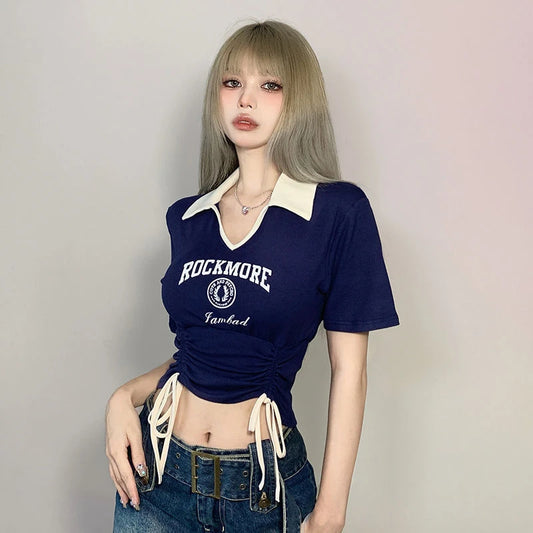 Women Designer Sweet Spicy Style Clothes Lady Drawstring Tie Up Crop Tops Female Turndown Collar Graphic Short Sleeved T-shirts