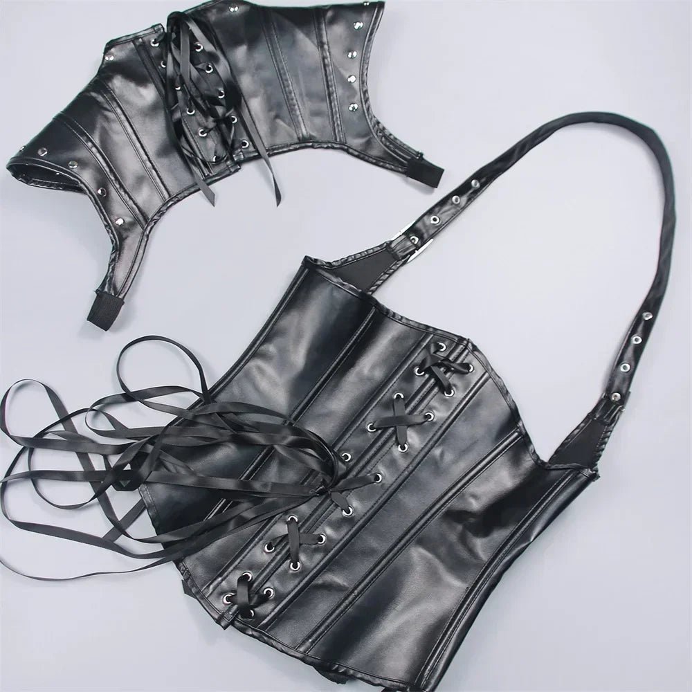 Faux Leather Corset Set Women's Steampunk Gothic Cosplay Game Armor Outfit Sexy Bustier Tops Nightclub Rave Costume