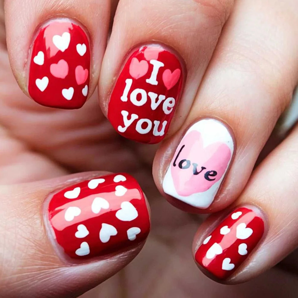 Y2K Girls Black French Fake Nails 24Pcs Short Square Press On Nails Pink Love Heart/Dot Printed Valentine's Day Charm Manicure