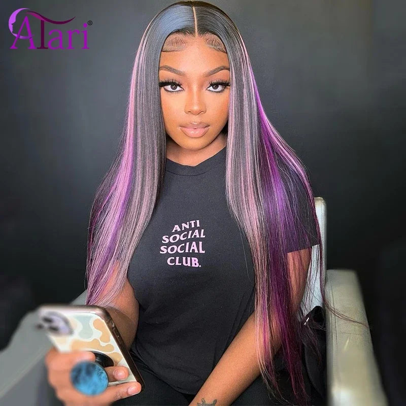 Purple Highlights 5x5 Lace Closure Human Hair Wigs Transparent 13x4 13x6 P1B Light Pink Lace Frontal Straight Wig Pre Plucked