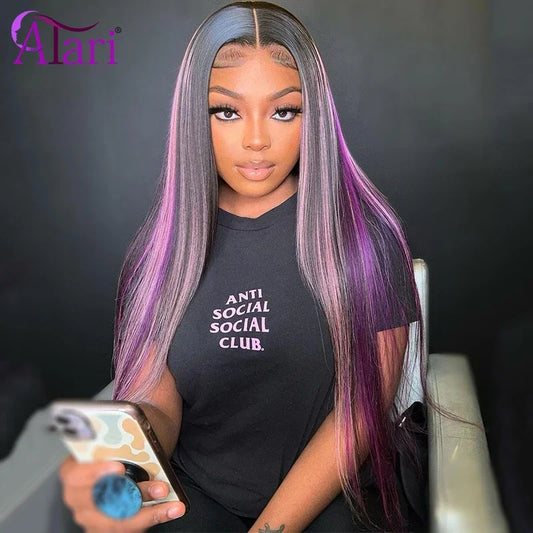 Purple Highlights 5x5 Lace Closure Human Hair Wigs Transparent 13x4 13x6 P1B Light Pink Lace Frontal Straight Wig Pre Plucked