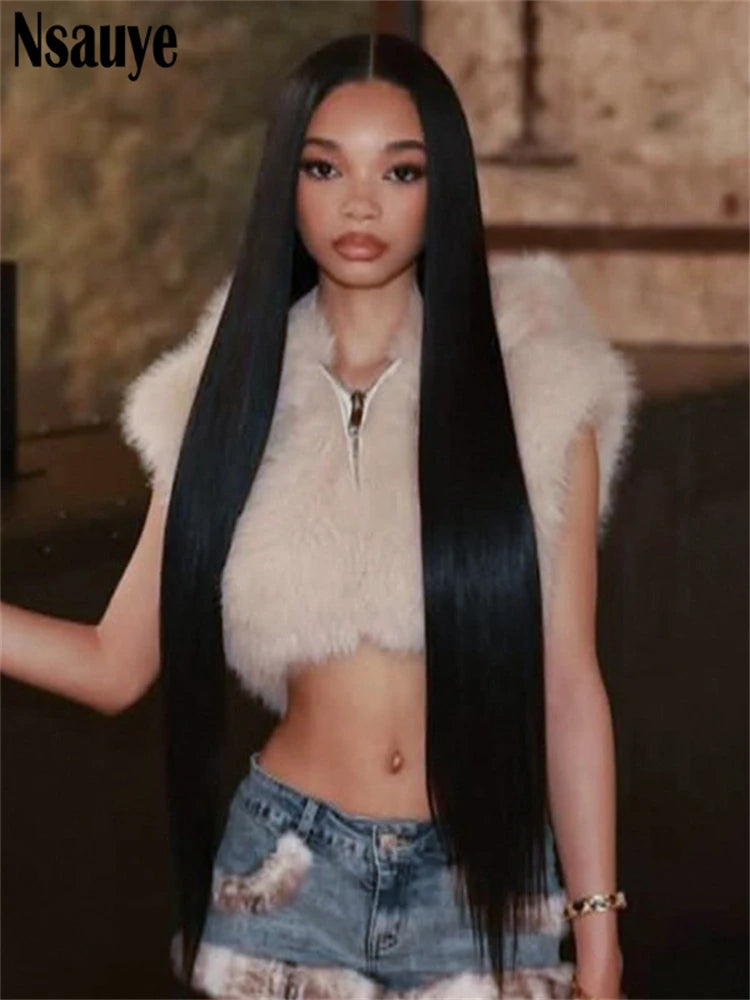 Nsauye Fashion Faux Fur Women Sleeveless Hooded Jackets 2025 Autumn Winter Warm Cardigan Tops Streetwear Slim Outerwear Coat