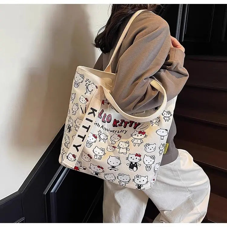 New Model Hello Kitty Cartoon Canvas Bag Cute Commuter Versatile One-Shoulder Tote Bag Large-Capacity Storage Bag