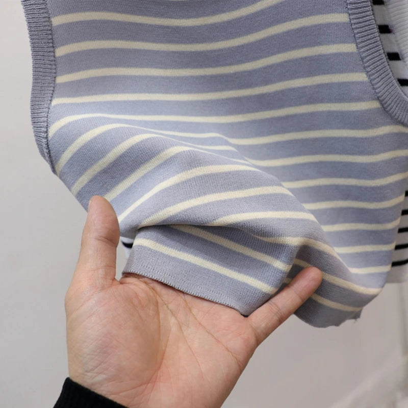 2026 Spring Summer New Sleeveless Ice Silk Knit Tank Top Striped O-Neck Women's Camisole Slim Fit Versatile Sexy Crop Tops
