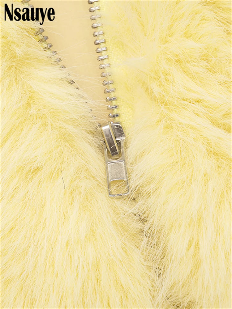Nsauye Fashion Faux Fur Women Sleeveless Hooded Jackets 2025 Autumn Winter Warm Cardigan Tops Streetwear Slim Outerwear Coat