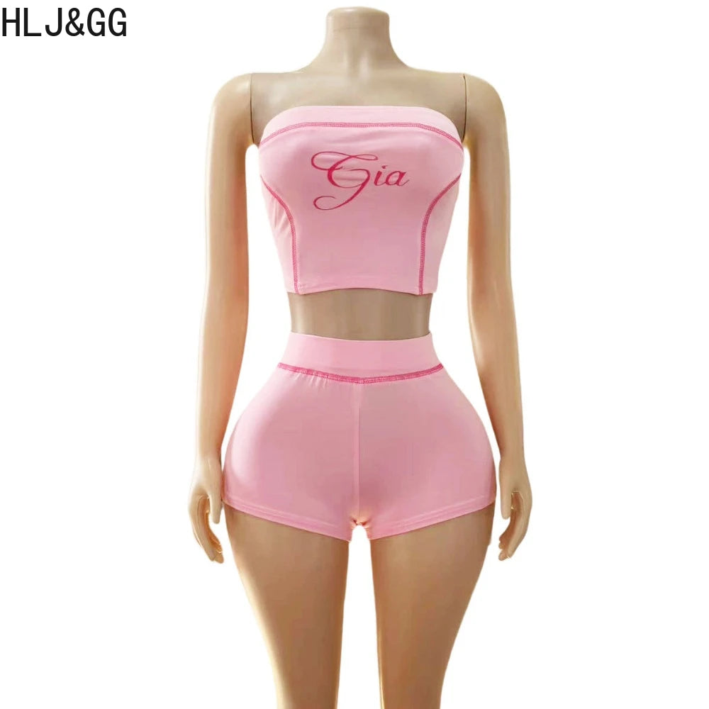 HLJ&GG Y2K Sexy Letter Print Two Piece Sets Women Off Shoulder Backless Slim Crop Top And Shorts Outfits Fashion 2pcs Streetwear