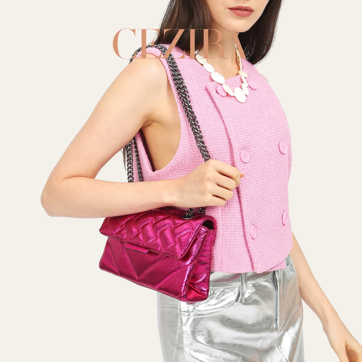 CR Fashion Metallic PU Vegan Leather Handbag For Women Luxury Quilted Flap Messenger Shoulder Bag Long Chain Purse Daily  Travel
