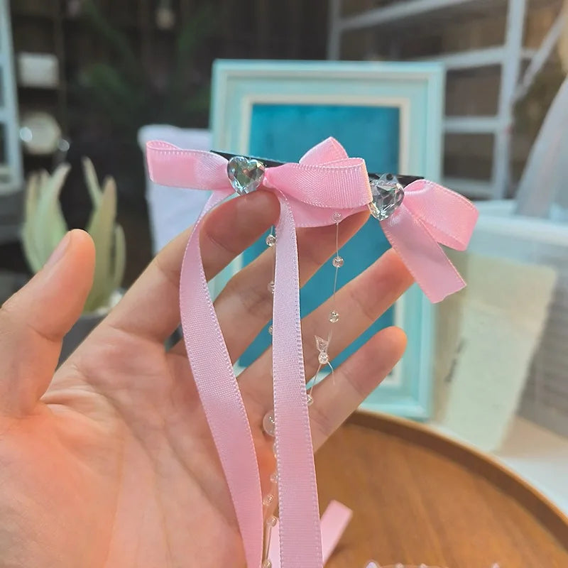 Ribbon Glass Beaded Bow Tassel Hair Clip Women Korean Y2K Fashion Solid Color Hairpin Girls Party Headwear Side Clips
