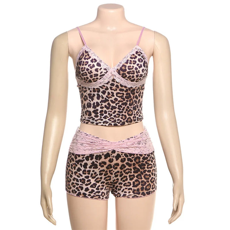 HLJ&GG Fashion Leopard Lace Stitching Two Piece Sets Women V Neck Spaghetti Strap Slim Crop Top + Shorts Outfits Sexy Streetwear