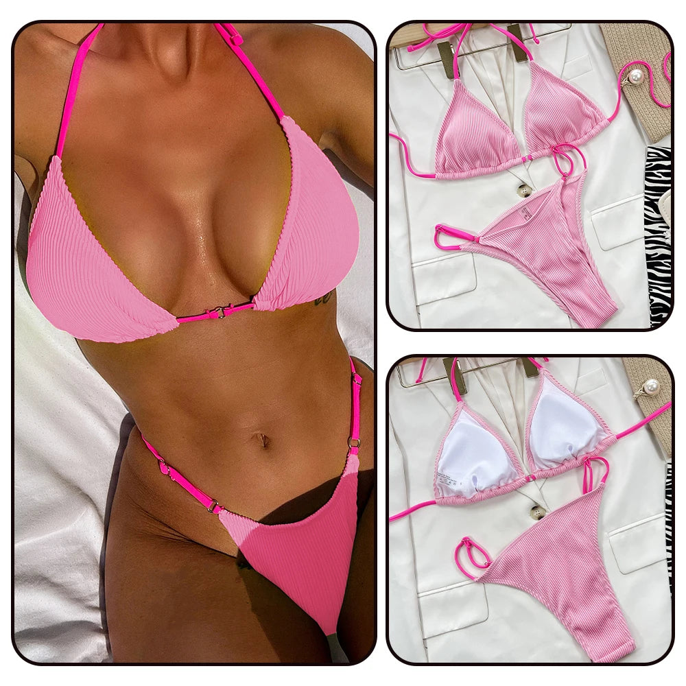 Una-Shop Solid Color Bikinis Sets With Adjustable Straps Trendy Swimsuit For Women Summer Beach Swim Pool Party Bikini Swimwear