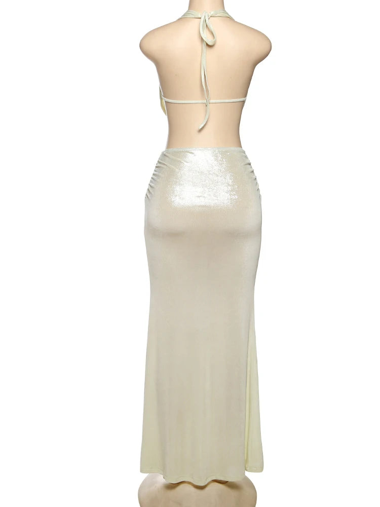 Weird Puss Thin Sexy Women 2 Piece Set Glitter Sheet Metal Backles Shalter Tank Tops+Ribbon Skirts Tight Vacation Matching Suits