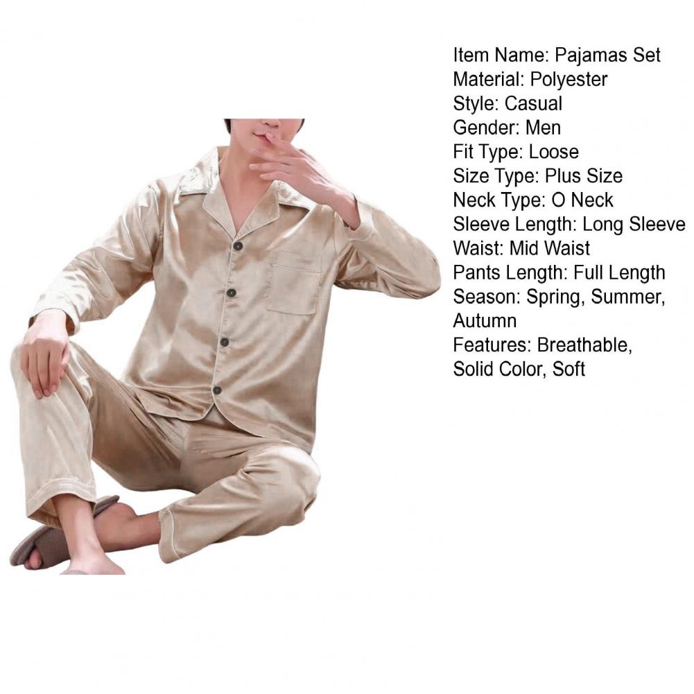 1 Set Men Sleepwear Solid Color Long Sleeved Single Breasted Home Wear Ice Silk Loose Plus Size Pajamas Set For Home