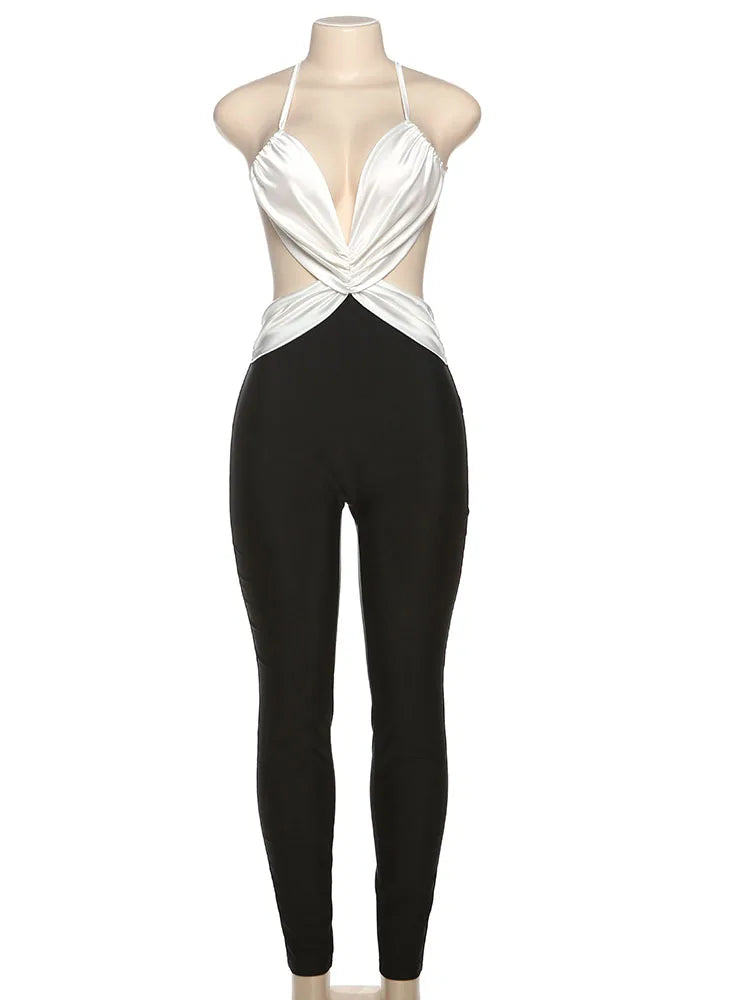 Weird Puss Sexy Backless Jumpsuit Women Sleeveless Cross Ruched Wrap Straps Midnight Coquette Workout Activity Fitness Overalls