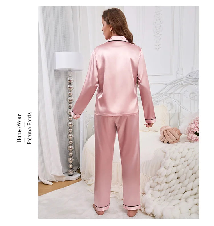 Autumn Satin Women‘s Pajamas Set Notched Collar Top & Wide Leg Long Pants 2 Pieces Sleepwear Female Loungewear Like Leisure Suit
