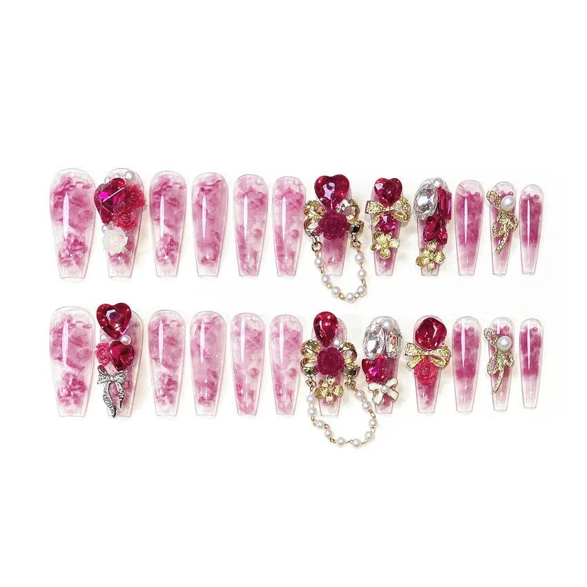 24pcs Heavy Metal Red Crystal Design False Nails 3D Gold Bow Pearl Decor Bride Fake Nail tips Full Cover Diamond Press on nails