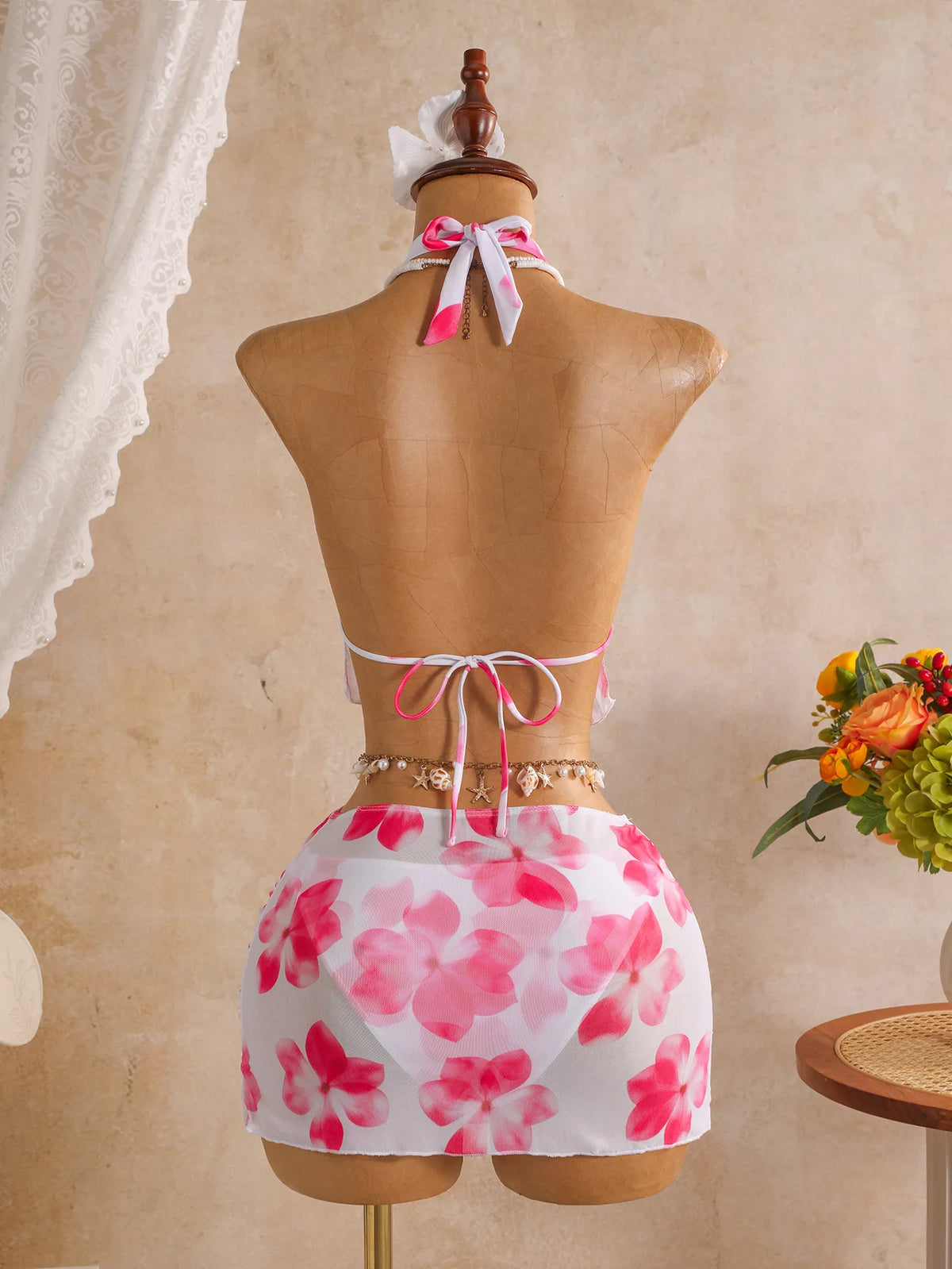DEKA Orange Floral Print Bikini Set 2026 Women 3D Flower Push Up Top Pleate Skirt 3 Piece Swimsuit Beach Bathing Suit Swimwear
