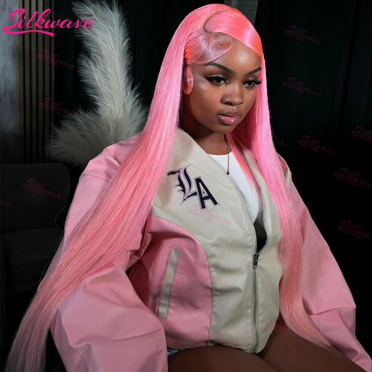 Silkwave 13x6 Hd Pink Lace Frontal Wig Human Hair Preplucked Brazilan Bone Straight 13x4 Lace Front Pink Colored Wig For Women