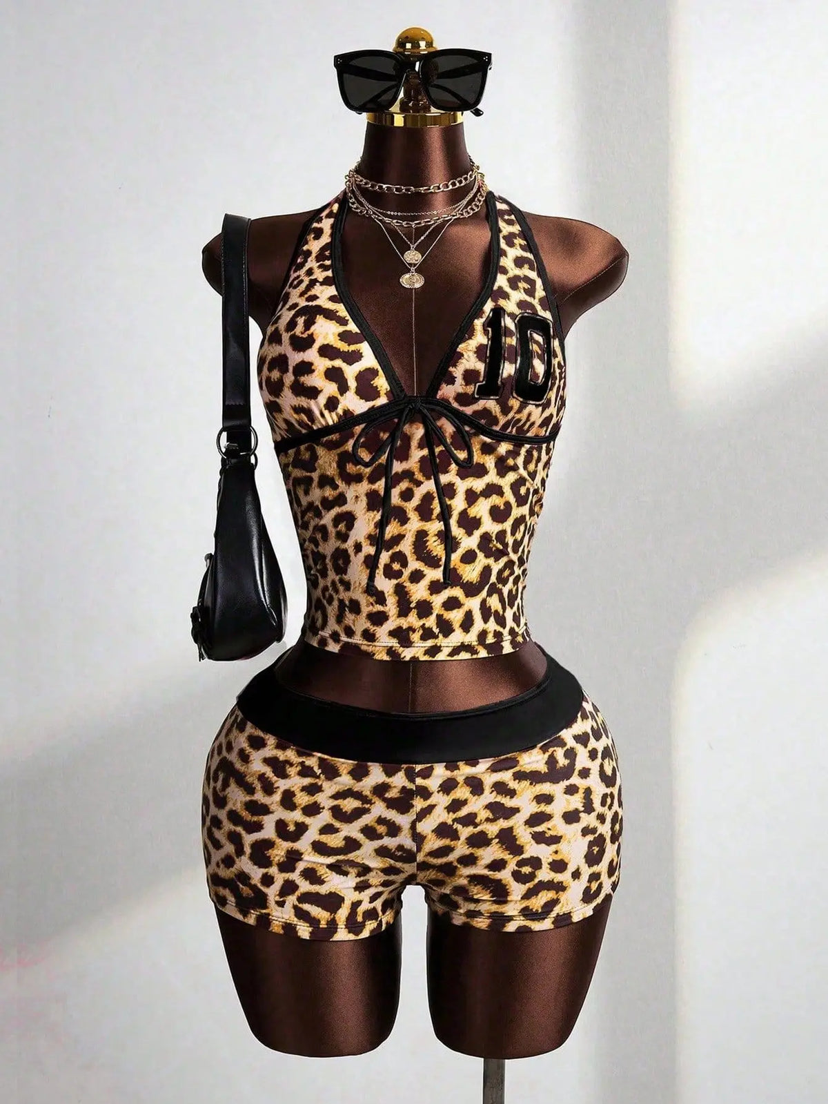 Women Y2K Leopard Print Bikinis Set 2 Piece Swimsuit Halter V Neck Front Tie Crop Top Boyshort Bathing Suit Trim Beach Swimwear
