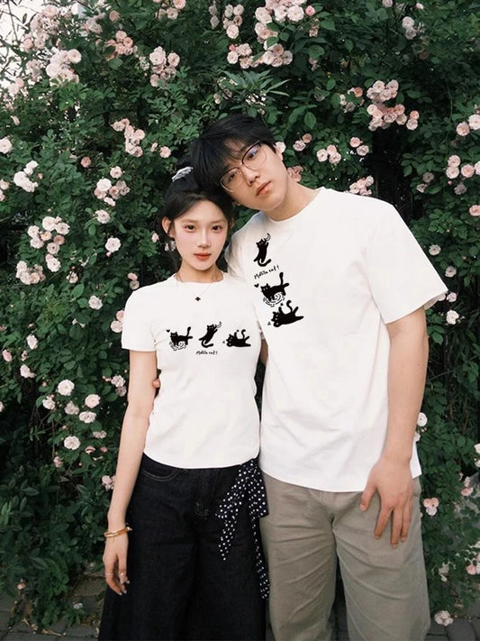 2025 New Design Cute Cats Couple Set Graphic T-shirt Summer Fashion Streetwear Cotton Tee Causal Fit Hot Selling