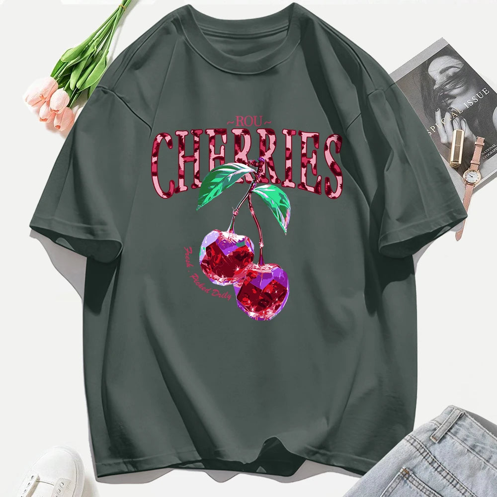 Crystal Cherries Printing Tee Shirt Woman Summer Cotton Tee Tops O-Neck Casual T Shirts Oversized All-Match Short Sleeve