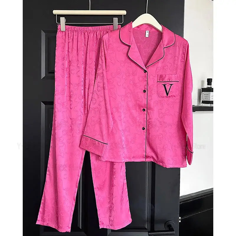 Hot Pink Bow Print Top&pant Loose Homewear Lady Casual 2Pcs Outfit Pijama Mujer Ice Silk Sleepwear Spring Autumn New Pyjamas