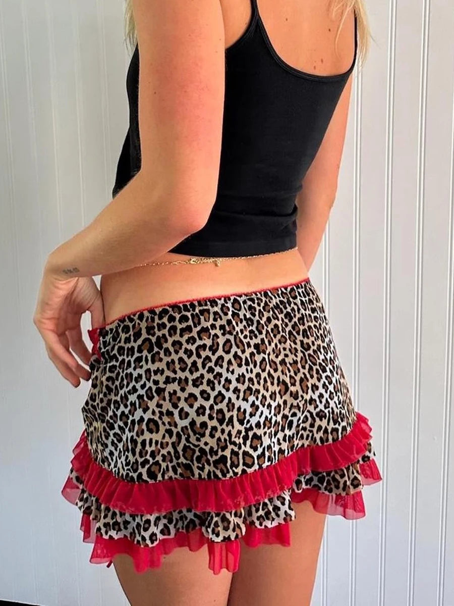 Y2K Fairycore Skirt Leopard Drawstring Harajuku Streetwear Gothic Retro Mini Skirt Hip Hop Low Rise Skirts Punk Fashion Dress