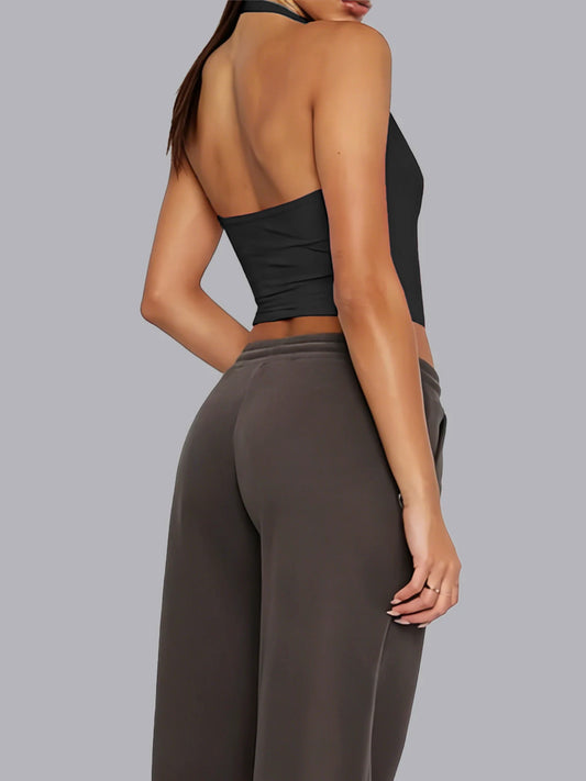 Women Halter Deep V Neck Crop Tank Tops Solid Color Sleeveless Slim Fit Camisole Vest Multi Colors Y2K Streetwear Bodycon Short