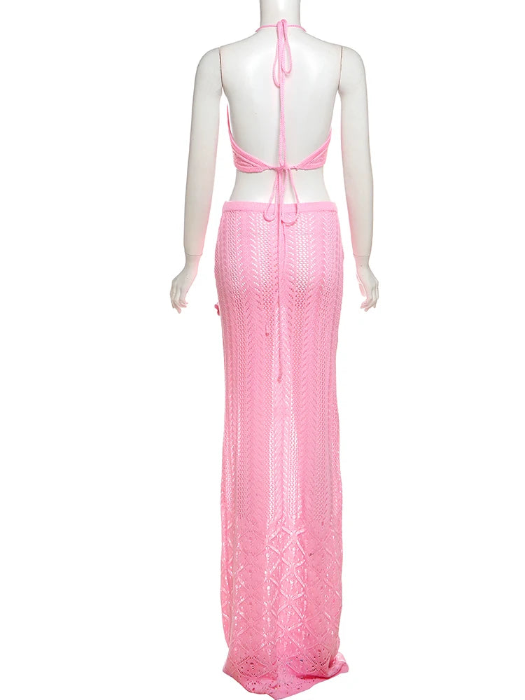 Weird Puss Beach Crochet Women Summer 2 Piece Set Applique Halter Bandage Camisole+Maxi Skirts Sexy Matching Vacation Clubwear